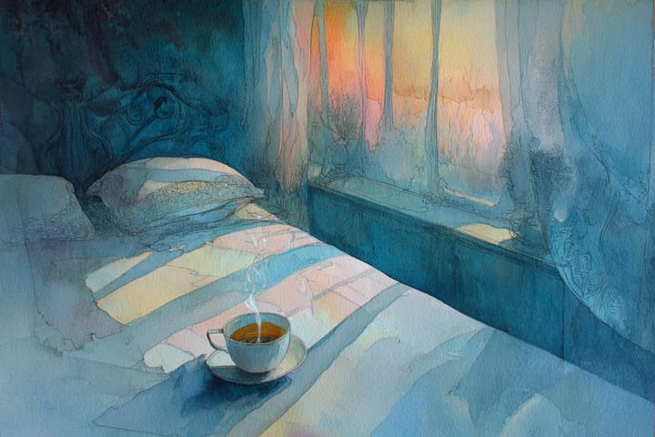abstract watercolor illustration of a bed with a cup of coffee