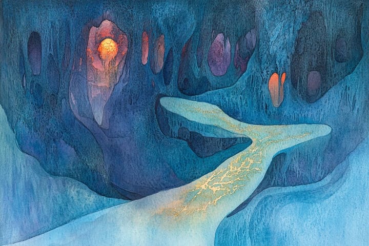 Abstract watercolor illustration of a path through a meandering cave