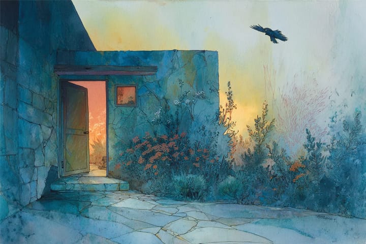 abstact watercolor illustation of a bird flying toward a house with an open door