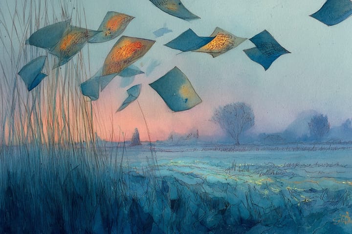 abstract watercolor illustration of pages flying through the air over a field