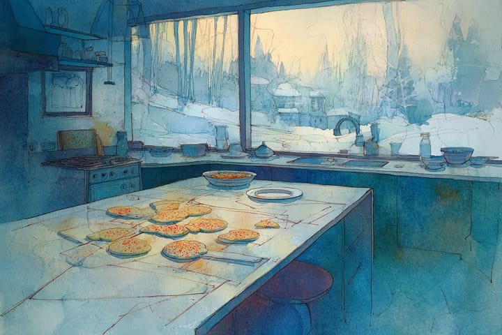 abstract watercolor illustration of christmas cookies on a counter, with a window showing a wintery scene in the background