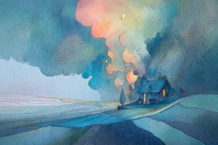 abstract watercolor illustration of a zoomed out view of a blue house