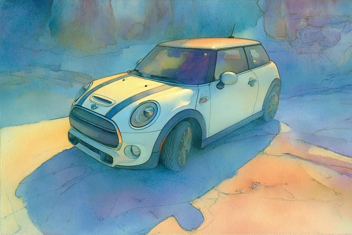 abstract watercolor illustration of a black and white Mini Cooper