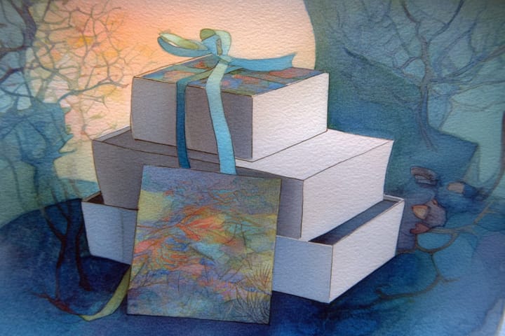 abstract watercolor illustration of christmas presents and a christmas card