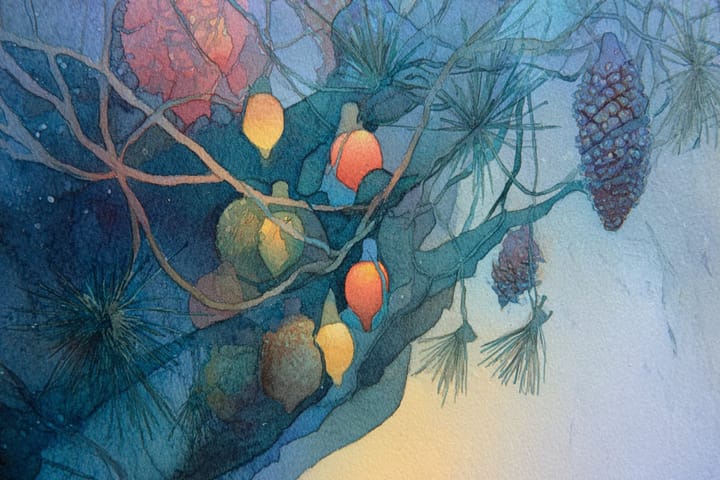 abstract watercolor illustration of christmas decorations and pinecones