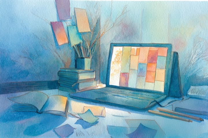 abstract watercolor illustration of a laptop surrounded by books and post-it notes