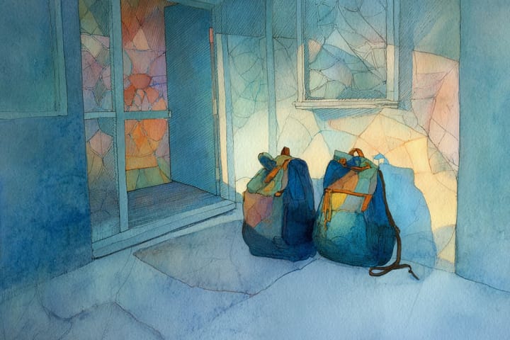 abstract watercolor illustration of two backpacks near the front door