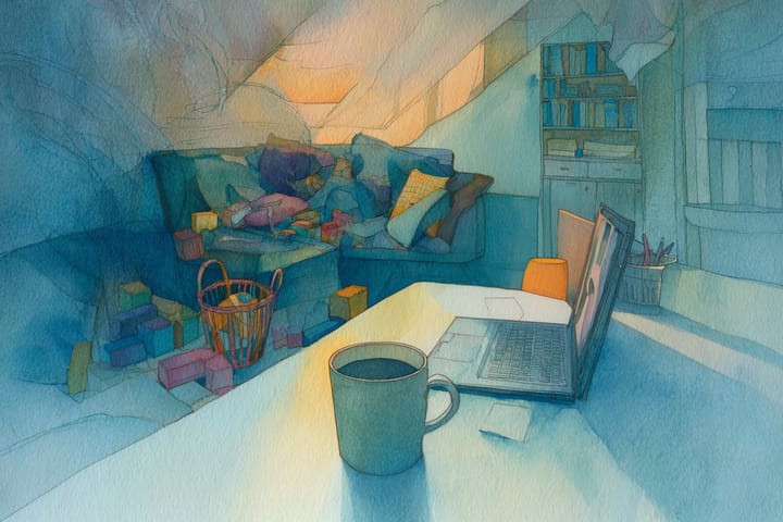 abstract watercolor illustration of a messy living room and a laptop with a coffee cup