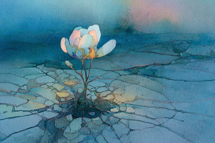 abstract watercolor illustration of a single flower emerging from the cracked earth