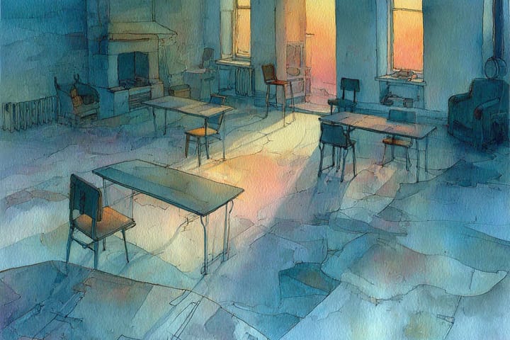 abstract watercolor illustration with desks and living room furniture
