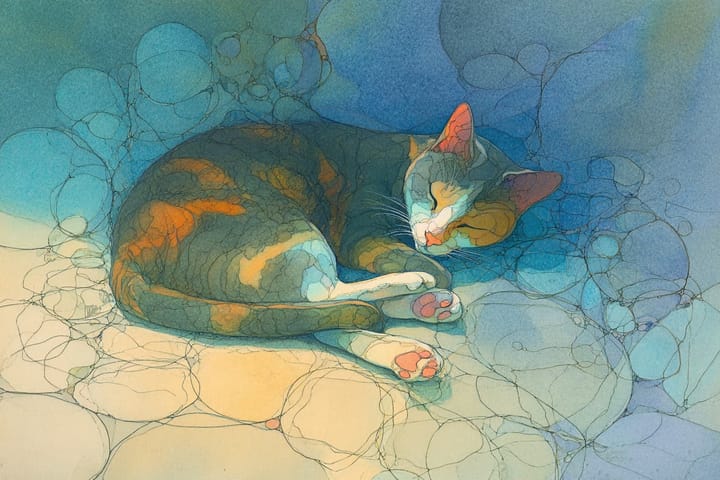 an abstract watercolor illustration of a calico cat curled up and sleeping