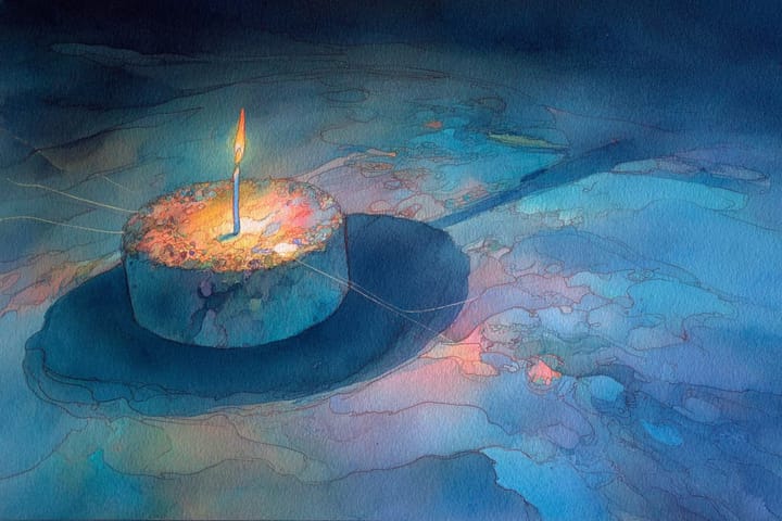 abstract watercolor illustration of a cake with a single candle