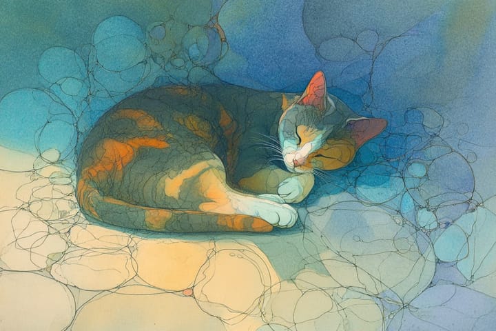 an abstract watercolor illustration of a calico cat curled up and sleeping