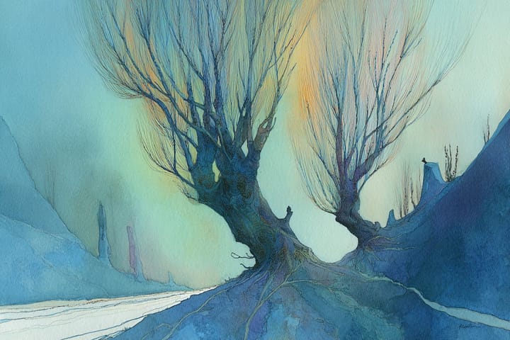 abstract watercolor illustration of trees without any leaves