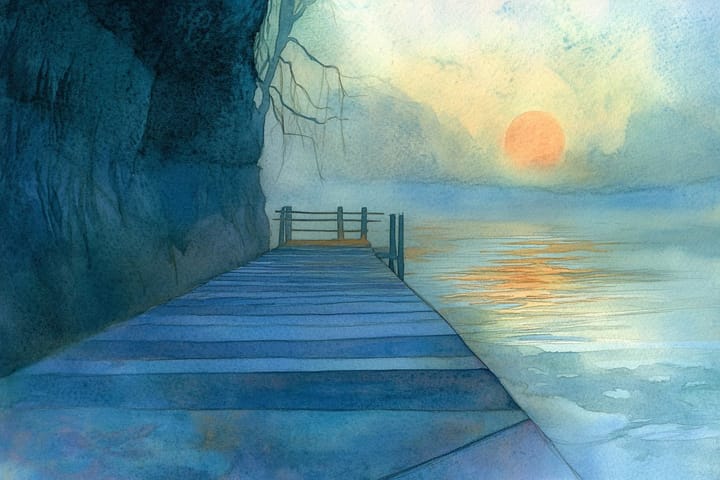 abstract watercolor illustration of a dock by a river