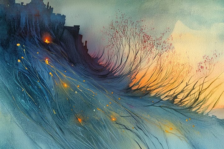 abstract watercolor illustration of wind blowing florals in a field