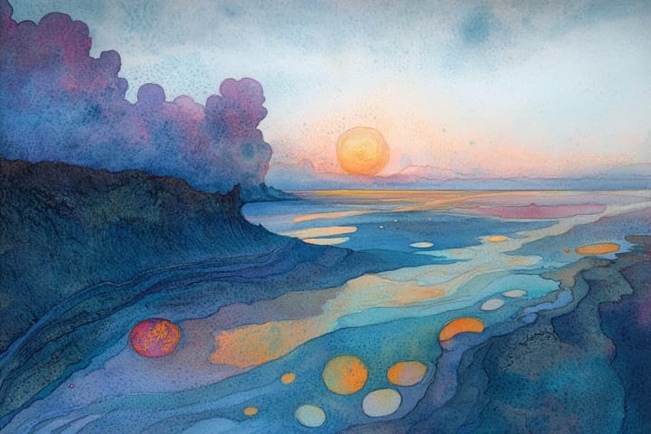 abstract watercolor illustration of a sun over a river