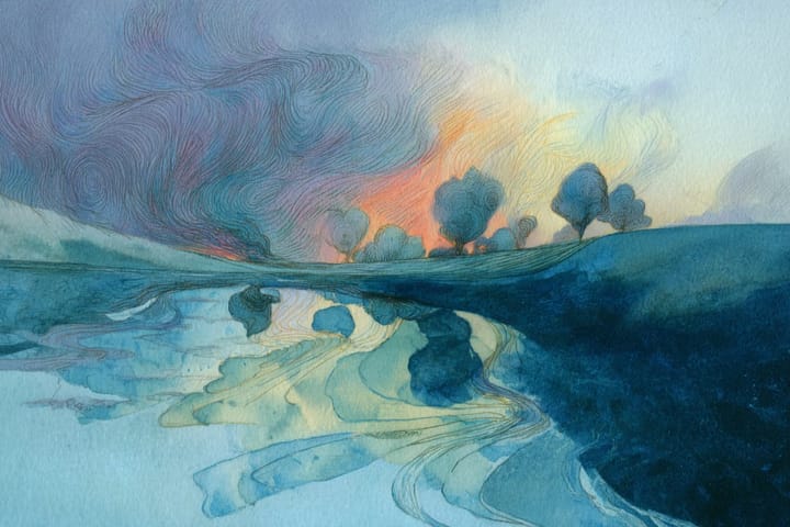 abstract watercolor illustration of trees in the distance and a pond in the foreground