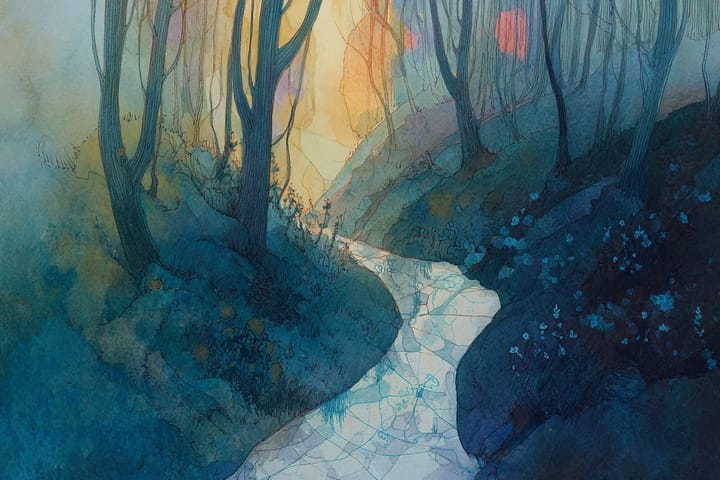 abstract watercolor illustration of a path through a forest