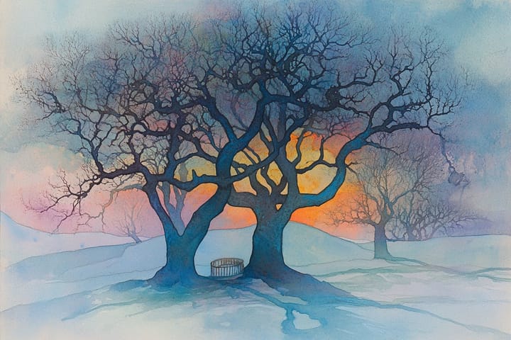 abstract watercolor illustration of a crib between two lare trees