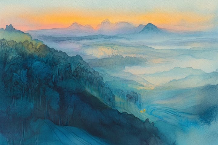 abstract watercolor illustration of mountains covered wtih trees