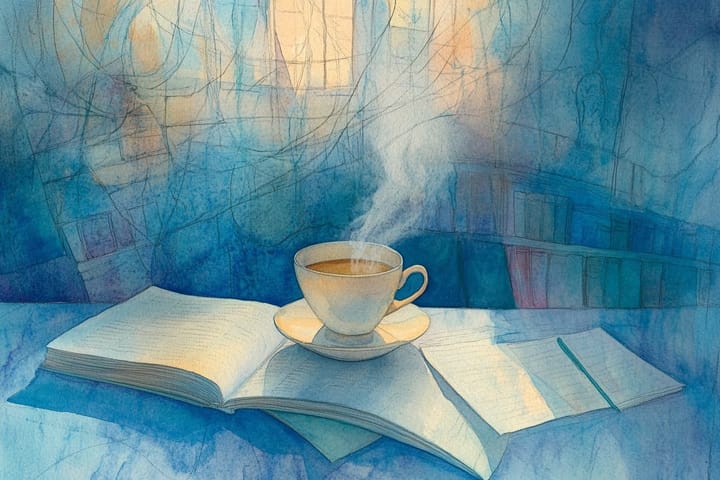 abstract watercolor illustration of a coffee cup on top of a desk of books