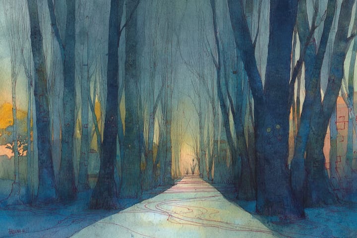 abstract watercolor illustration of a path through the forest